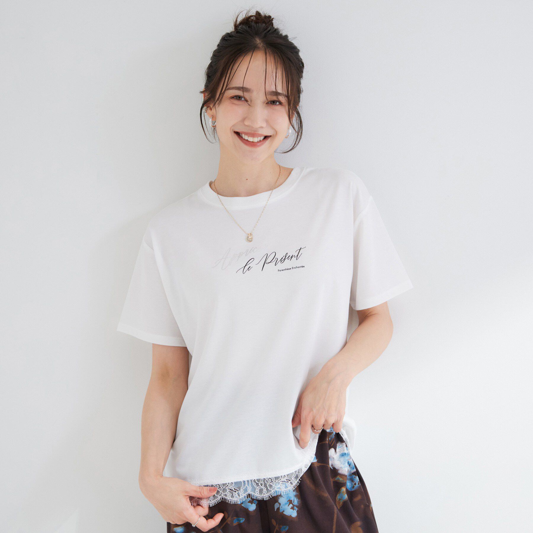 SHOO･LA･RUE「【UV/S-LL/洗濯機可】真夏に着たい裾レースが女性らしさをプラスする プリントアソートTシャツ」|Tシャツ・カットソー|