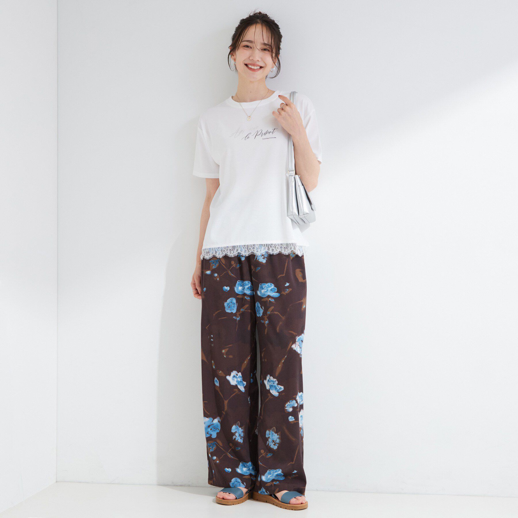 SHOO･LA･RUE「【UV/S-LL/洗濯機可】真夏に着たい裾レースが女性らしさをプラスする プリントアソートTシャツ」|Tシャツ・カットソー|