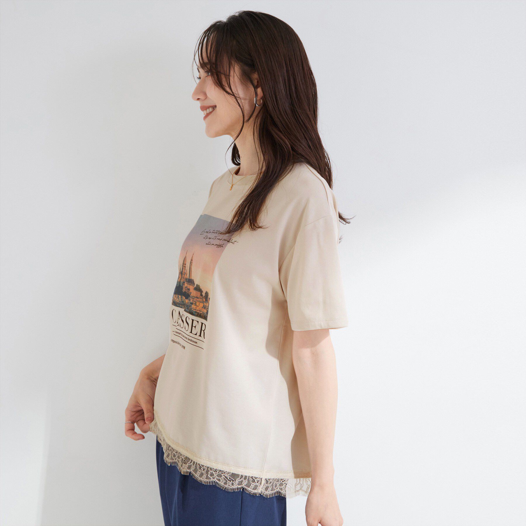 SHOO･LA･RUE「【UV/S-LL/洗濯機可】真夏に着たい裾レースが女性らしさをプラスする プリントアソートTシャツ」|Tシャツ・カットソー|