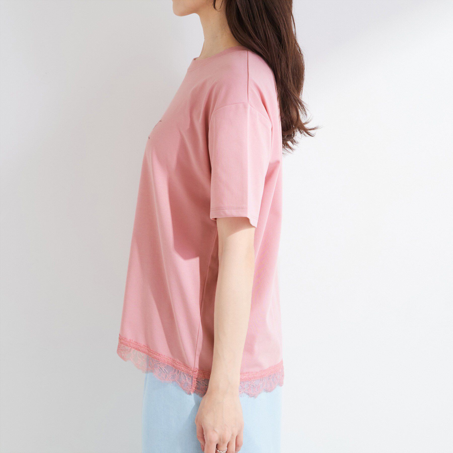 SHOO･LA･RUE「【UV/S-LL/洗濯機可】真夏に着たい裾レースが女性らしさをプラスする プリントアソートTシャツ」|Tシャツ・カットソー|