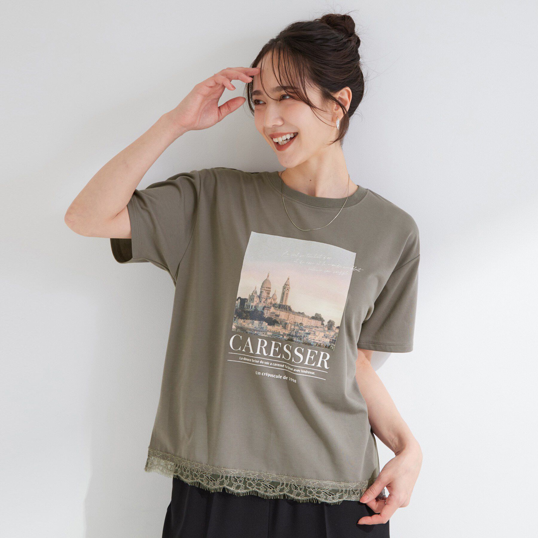 SHOO･LA･RUE「【UV/S-LL/洗濯機可】真夏に着たい裾レースが女性らしさをプラスする プリントアソートTシャツ」|Tシャツ・カットソー|