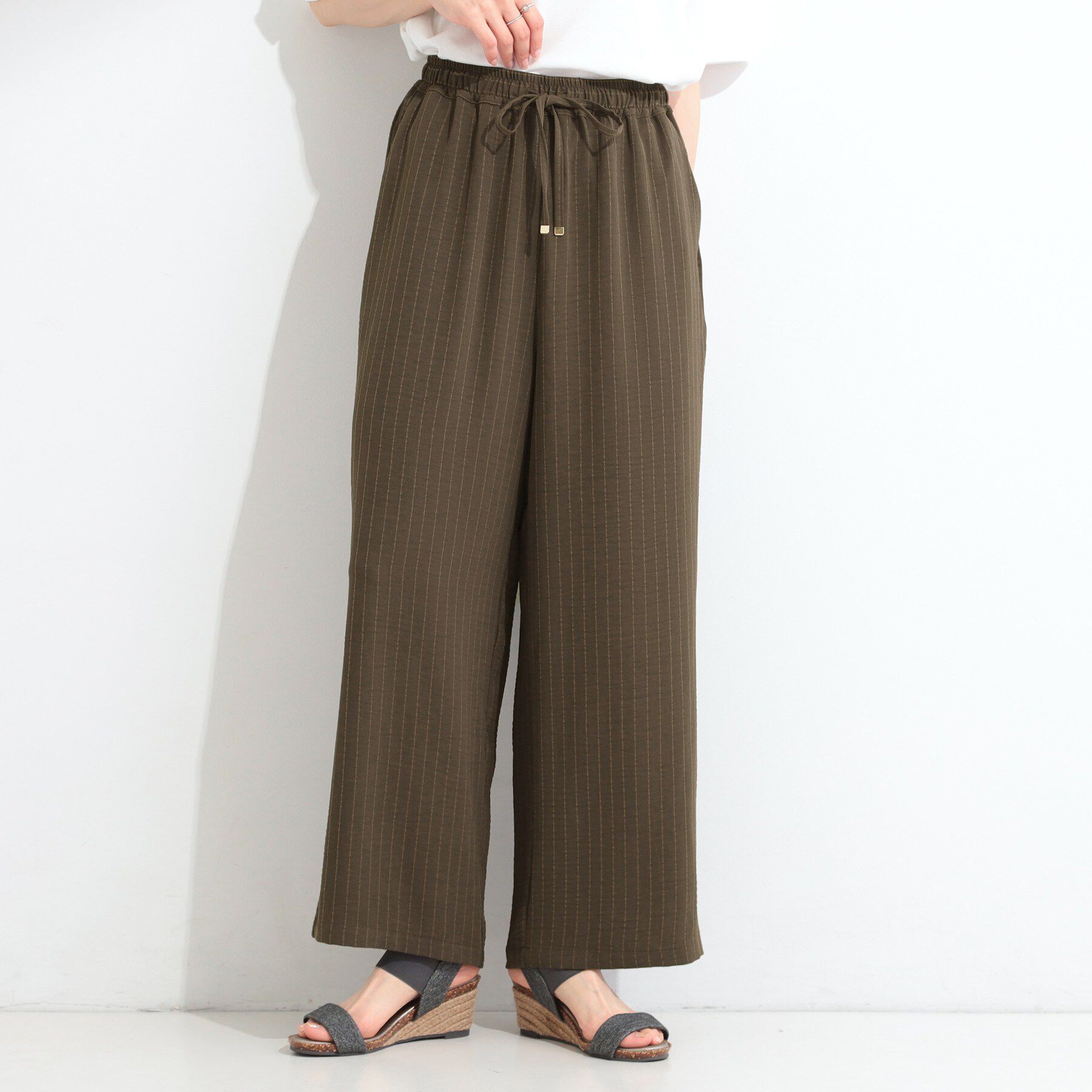 SHOO･LA･RUE「【着丈選べる/洗濯後しわになりにくい/UV】ストライプ柄でこなれ見え さらりイージーワイドパンツ」|その他|