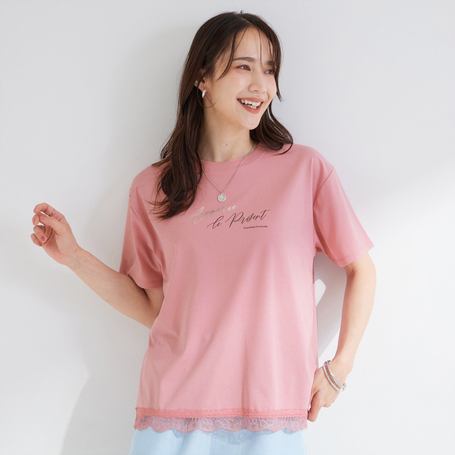 SHOO･LA･RUE「【UV/S-LL/洗濯機可】真夏に着たい裾レースが女性らしさをプラスする プリントアソートTシャツ」|Tシャツ・カットソー|
