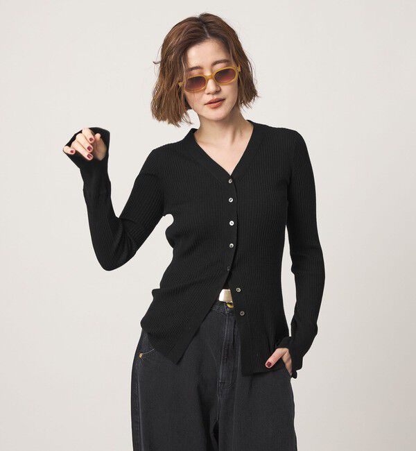 conte「＜conte＞ソデスリット Vネックリブカーディガン」|カーディガン|BLACK