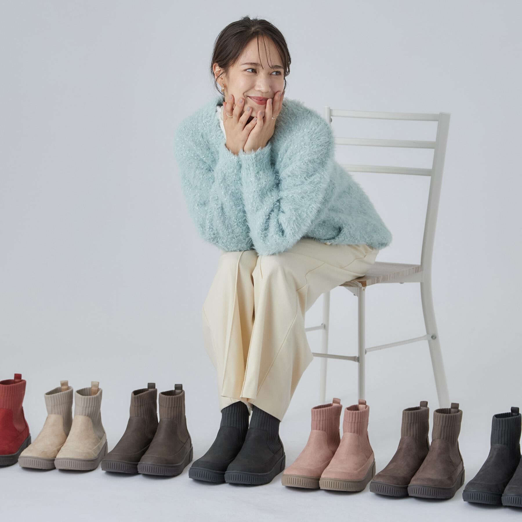 SHOO･LA･RUE「【撥水/低反発クッション】スニーカー感覚ではける はきぐちニットブーツ」|ショートブーツ|