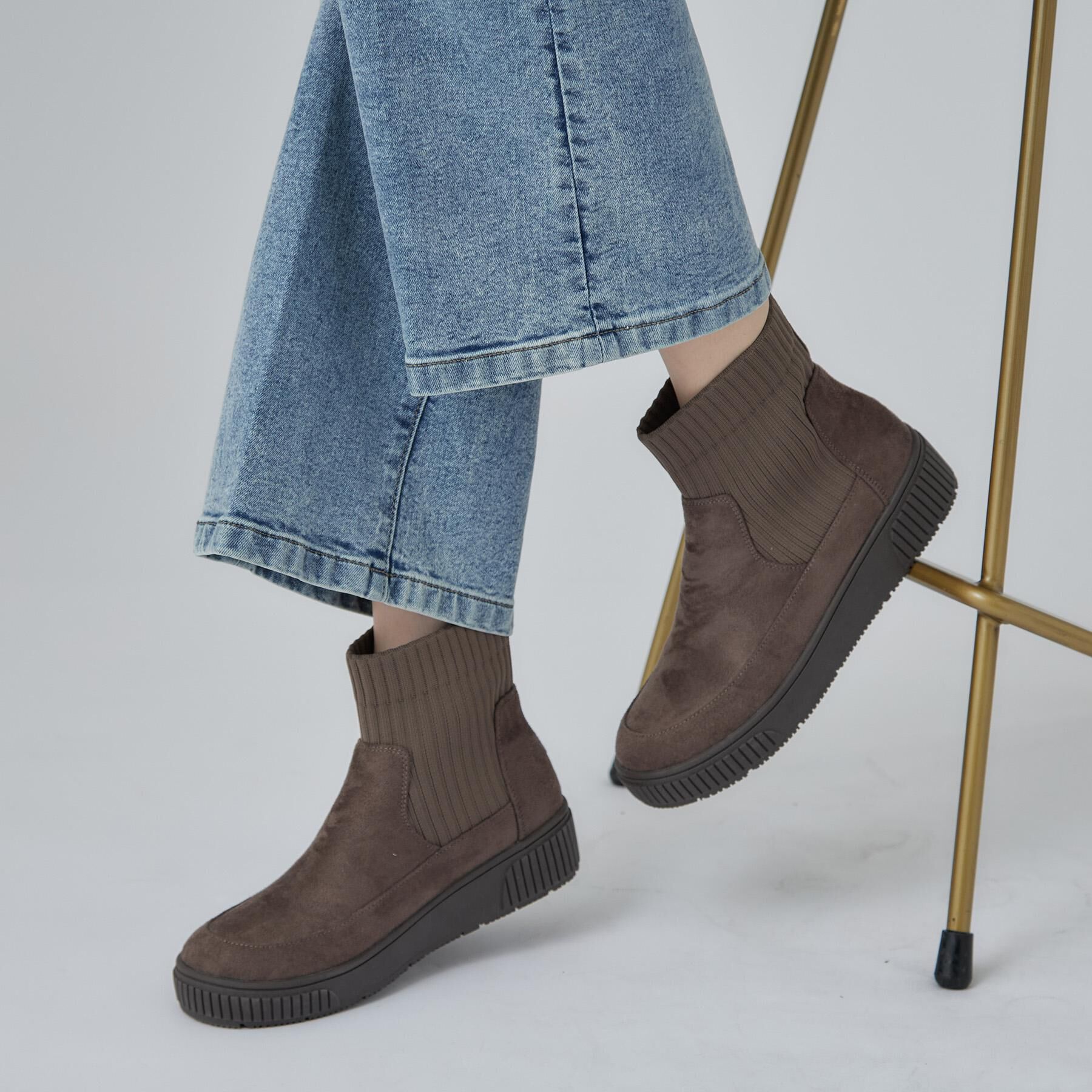 SHOO･LA･RUE「【撥水/低反発クッション】スニーカー感覚ではける はきぐちニットブーツ」|ショートブーツ|