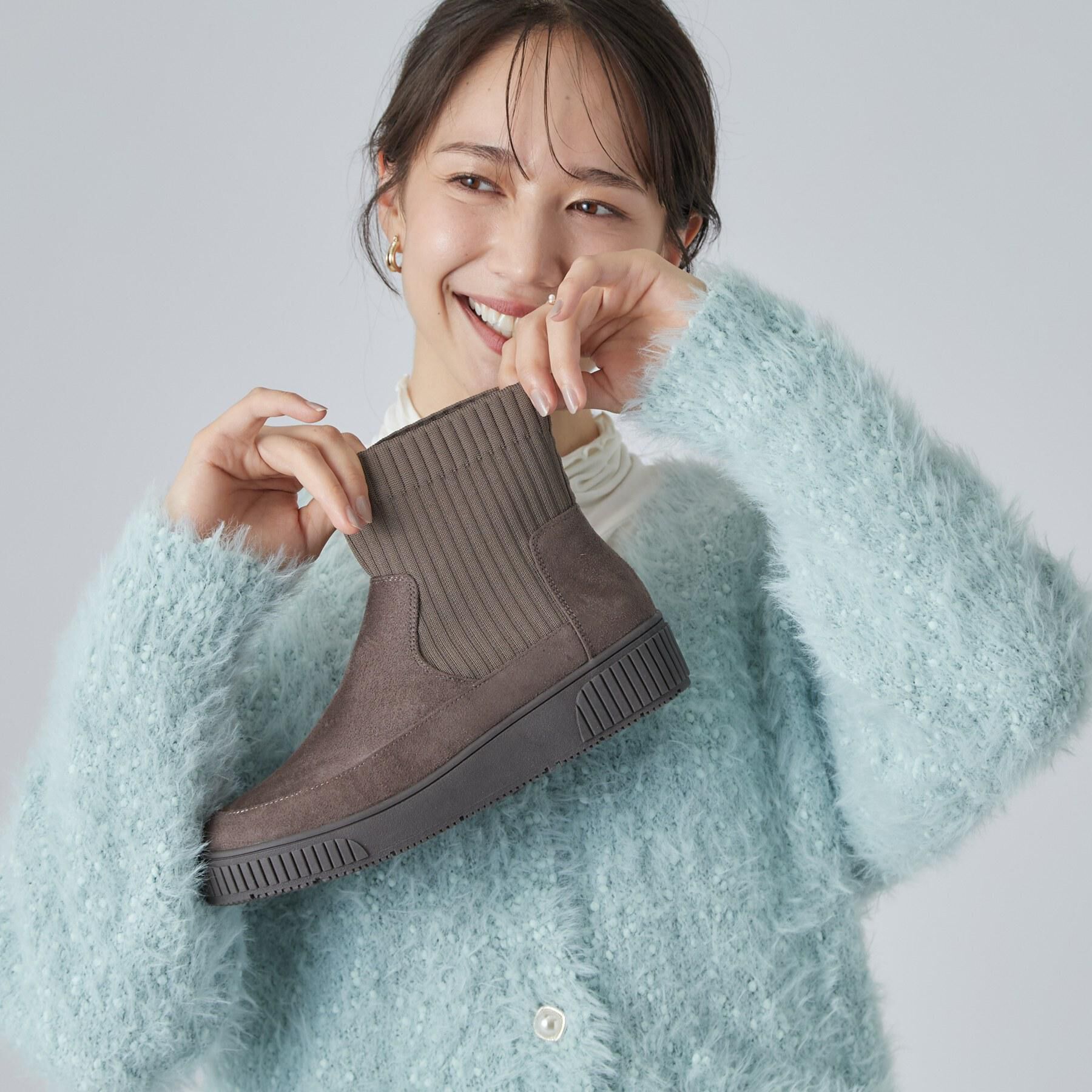 SHOO･LA･RUE「【撥水/低反発クッション】スニーカー感覚ではける はきぐちニットブーツ」|ショートブーツ|