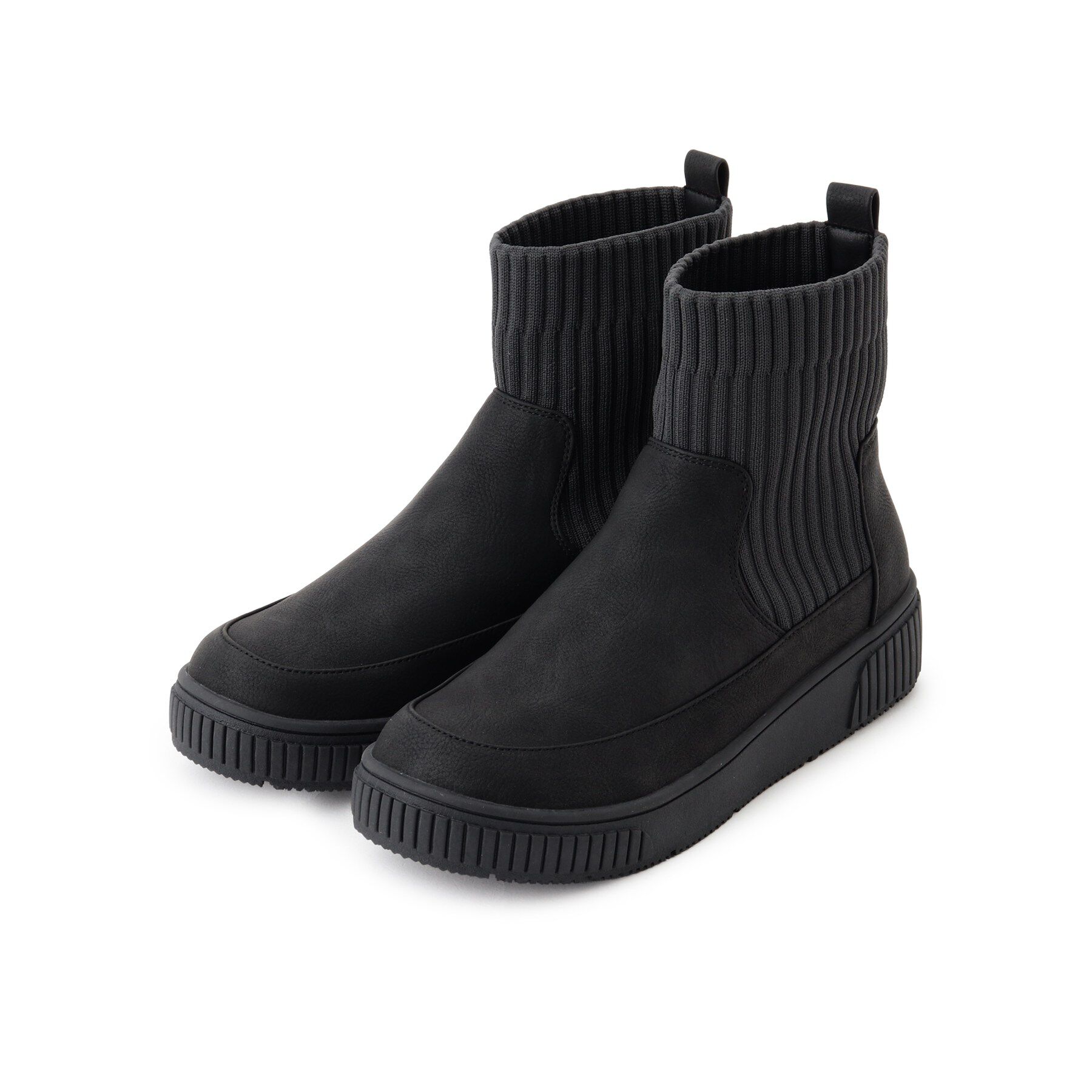SHOO･LA･RUE「【撥水/低反発クッション】スニーカー感覚ではける はきぐちニットブーツ」|ショートブーツ|合皮ブラック(119