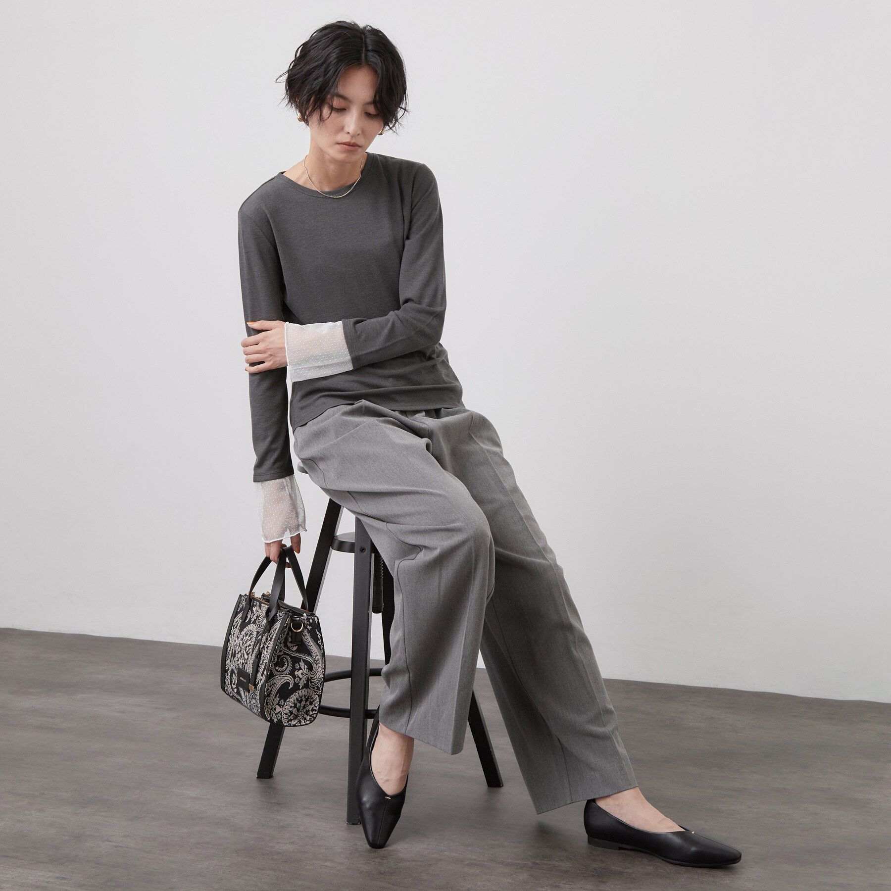 OPAQUE.CLIP「袖口レース／ドットチュール切替トップス【洗濯機OK】」|Tシャツ・カットソー|