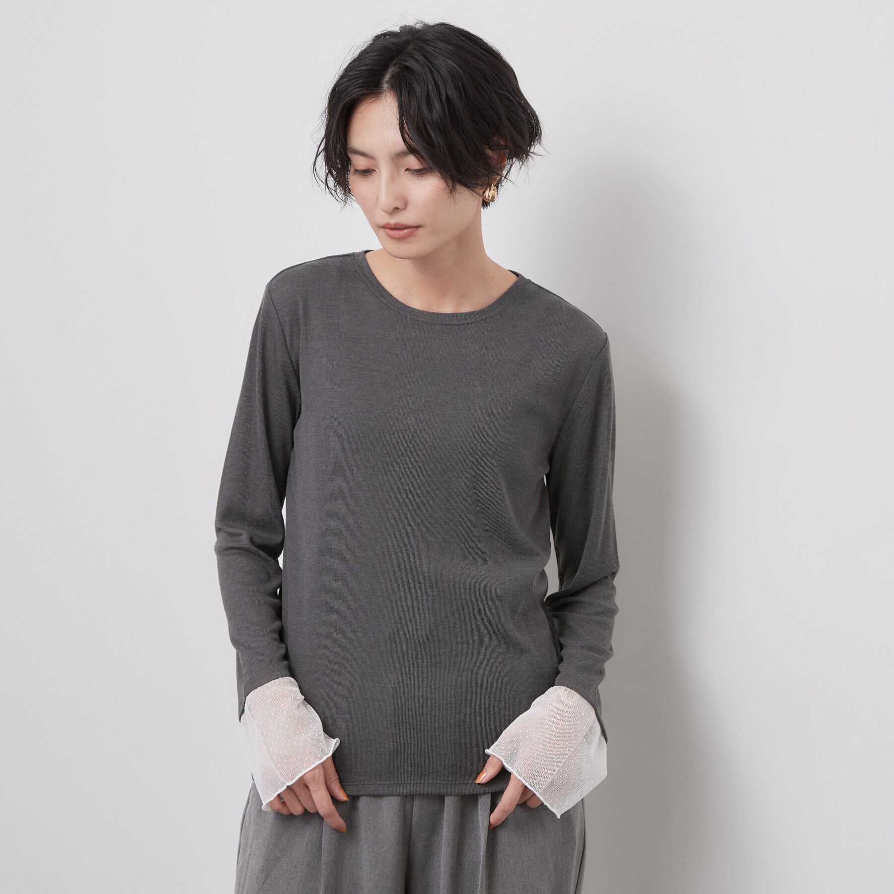 OPAQUE.CLIP「袖口レース／ドットチュール切替トップス【洗濯機OK】」|Tシャツ・カットソー|
