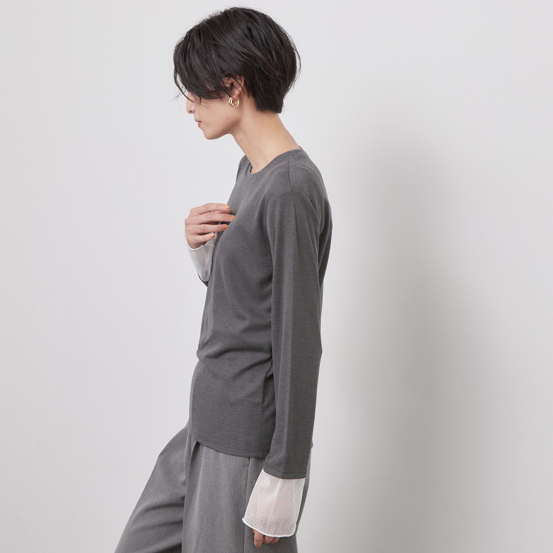 OPAQUE.CLIP「袖口レース／ドットチュール切替トップス【洗濯機OK】」|Tシャツ・カットソー|