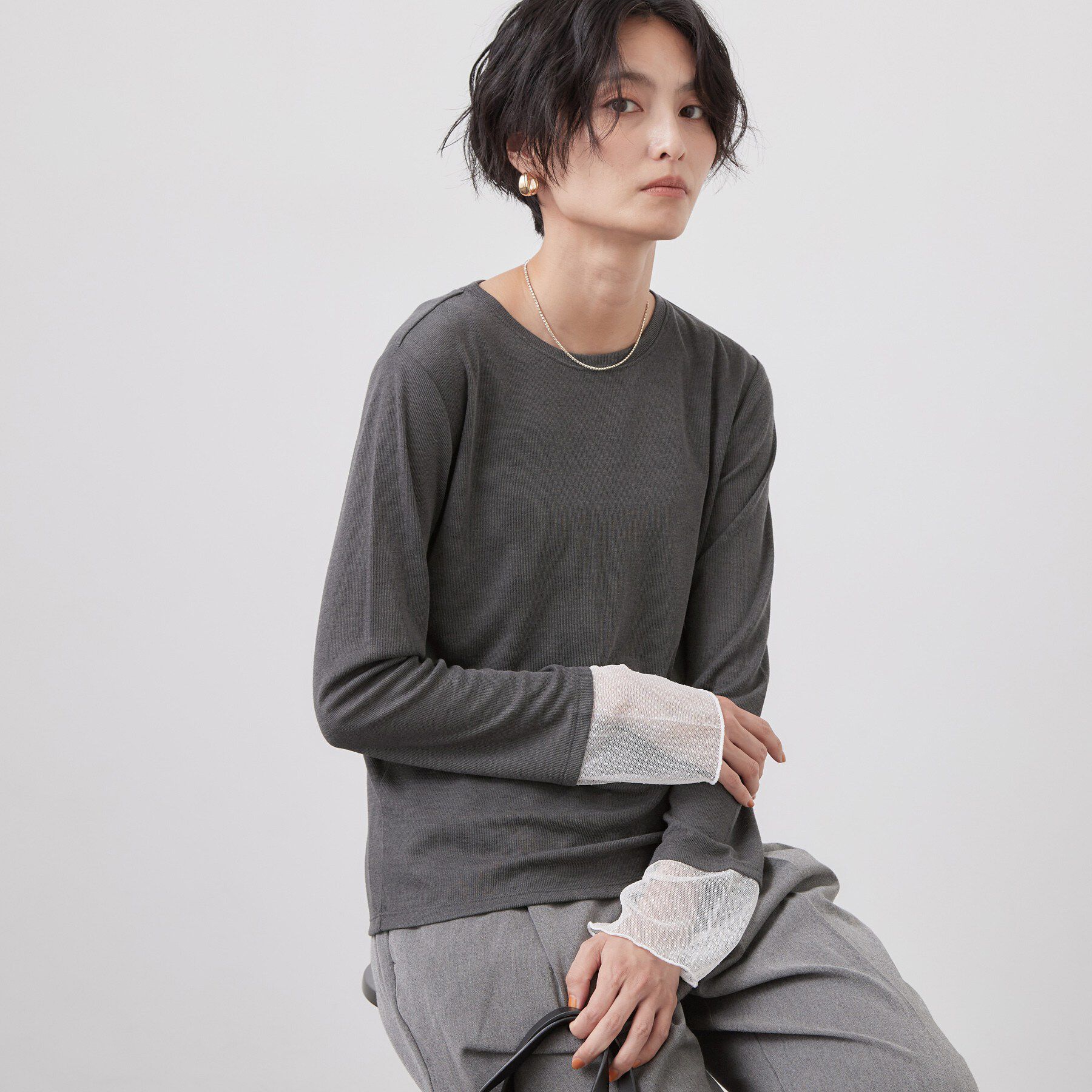 OPAQUE.CLIP「袖口レース／ドットチュール切替トップス【洗濯機OK】」|Tシャツ・カットソー|