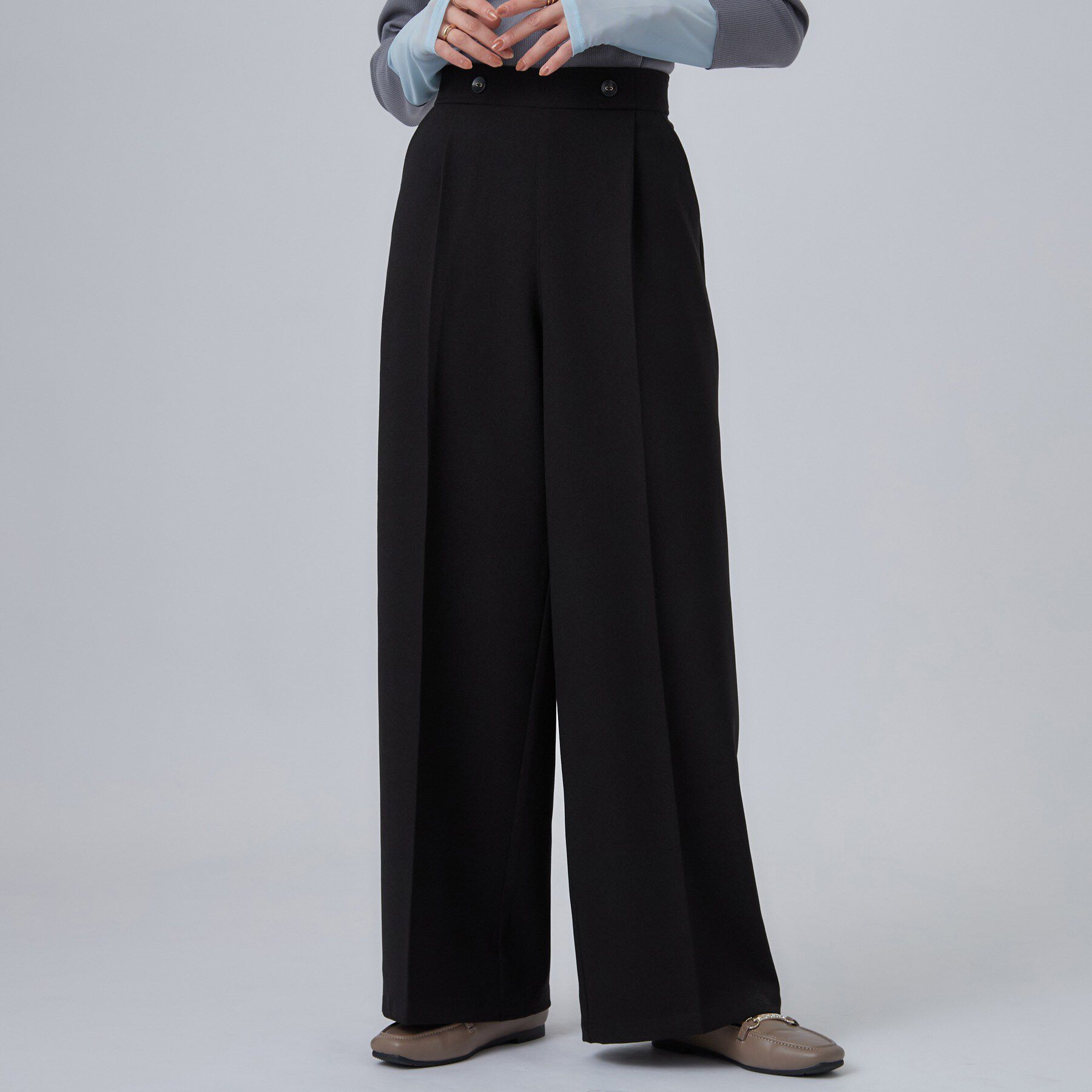 SHOO･LA･RUE「【洗濯後しわになりにくい/着丈が選べる／セットアップ可】ウールフィール センタープレスワイドパンツ」|その他|ブラックロング(61