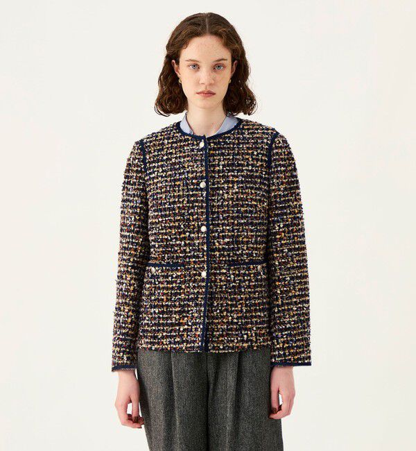 Ballsey「ヘアリーヤーンツイード クルーネックジャケット」|ノーカラージャケット|