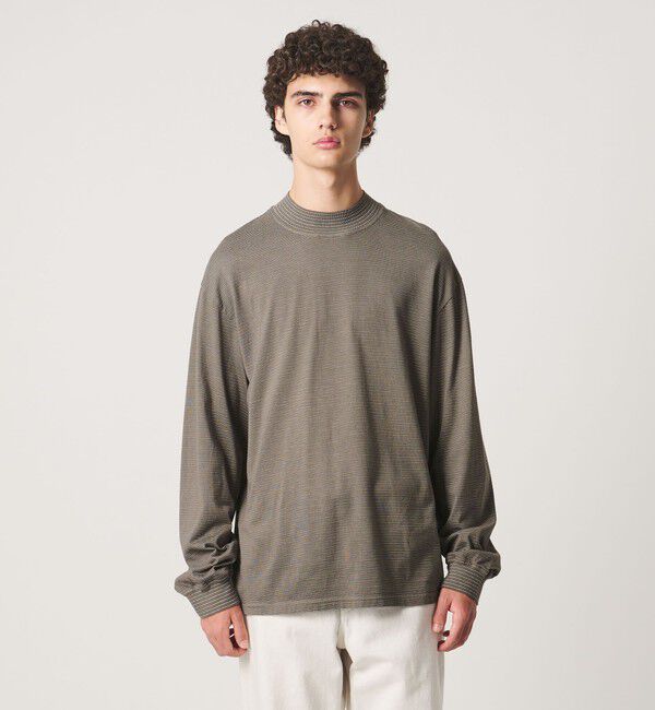 UNITED ARROWS「【別注】＜YONETOMI＞ガーメントダイ モックネック ボーダー Tシャツ」|Tシャツ・カットソー|LT.GRAY