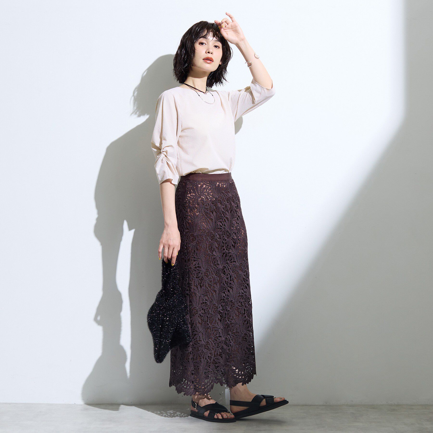 INDIVI「【洗える／UVケア】ねじり袖サッカートップス」|Tシャツ・カットソー|