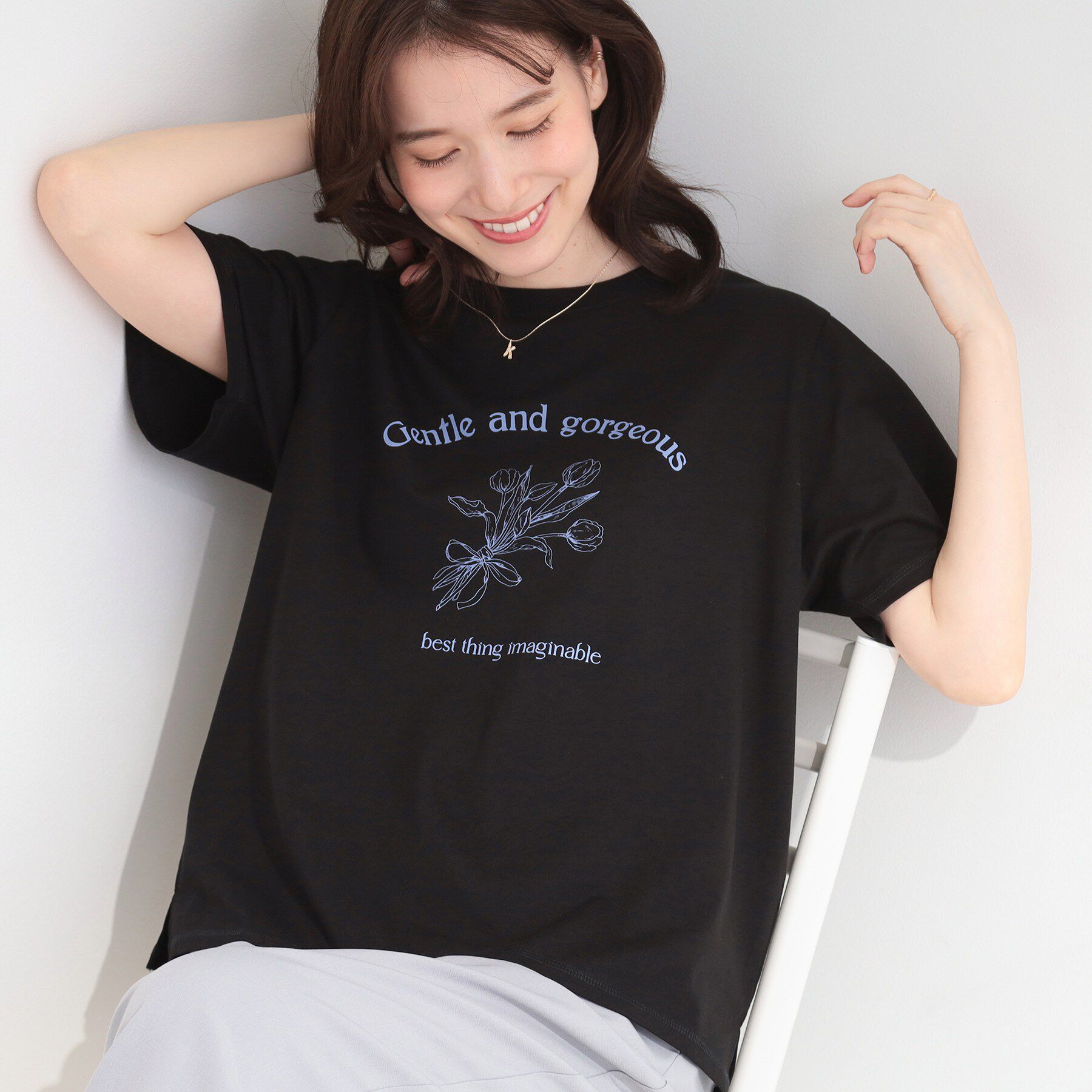 SHOO･LA･RUE「【S-LL/洗濯機可】大人のベーシックカラープリントTシャツ」|Tシャツ・カットソー|ブラック(319)