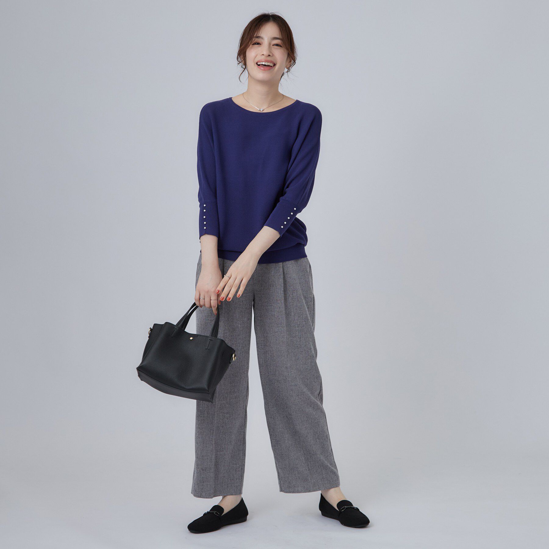 SHOO･LA･RUE「【毛玉になりにくい】パール調ボタンが女性らしさをプラス ガーター切替 7分袖ドルマンニット」|ニット・セーター|