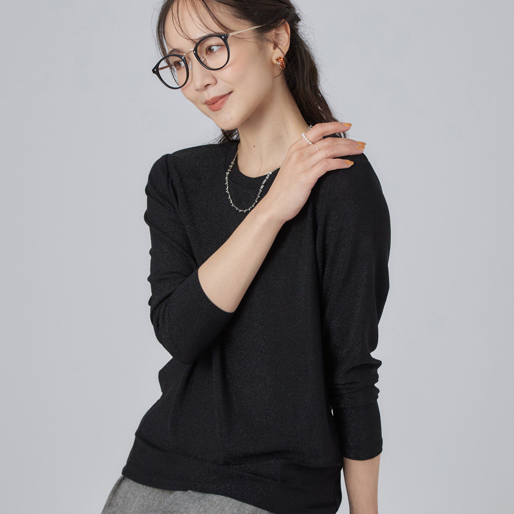 SHOO･LA･RUE「【洗濯機可】インナー使いしやすい ラメロンT」|Tシャツ・カットソー|ブラック(019)