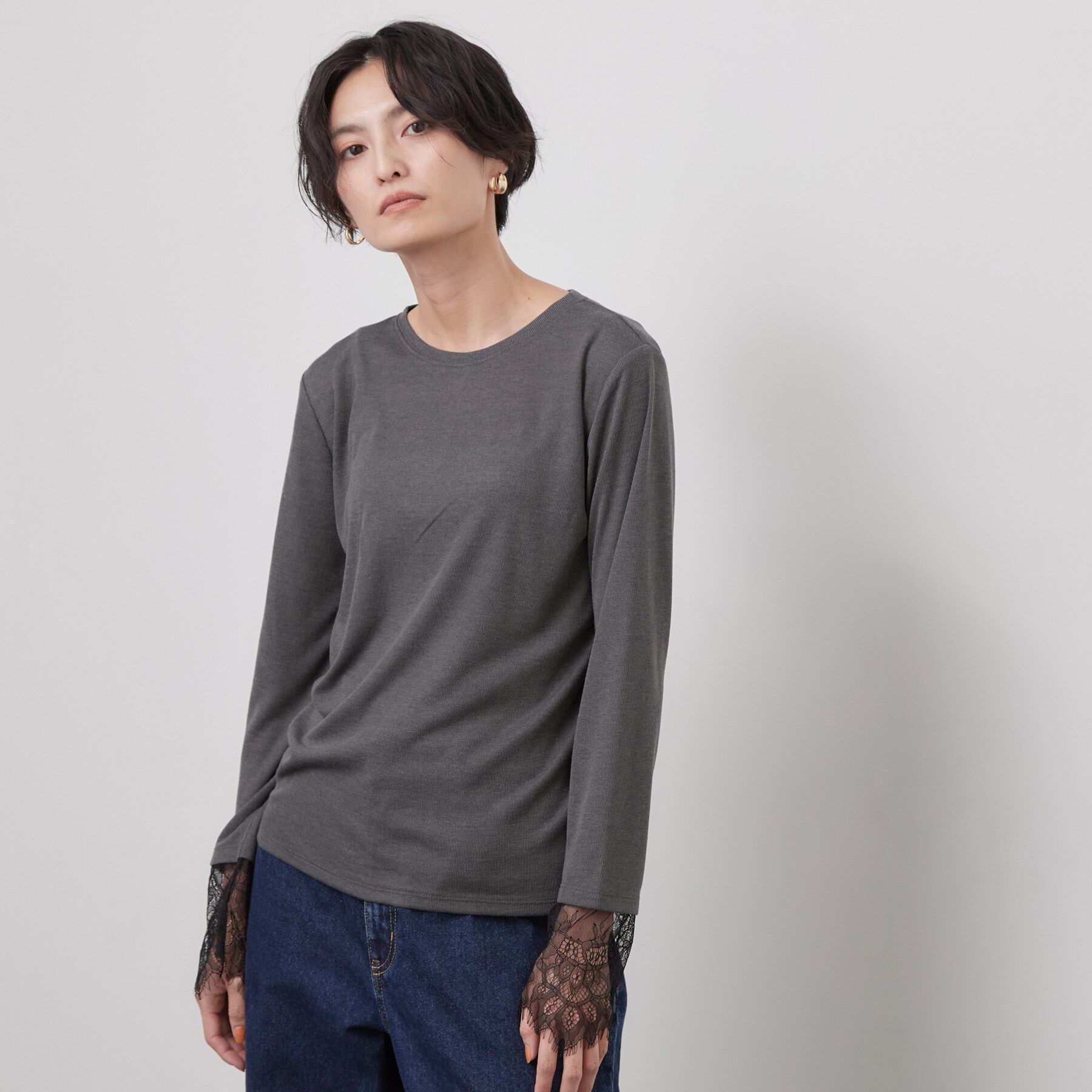 OPAQUE.CLIP「袖口レース／ドットチュール切替トップス【洗濯機OK】」|Tシャツ・カットソー|
