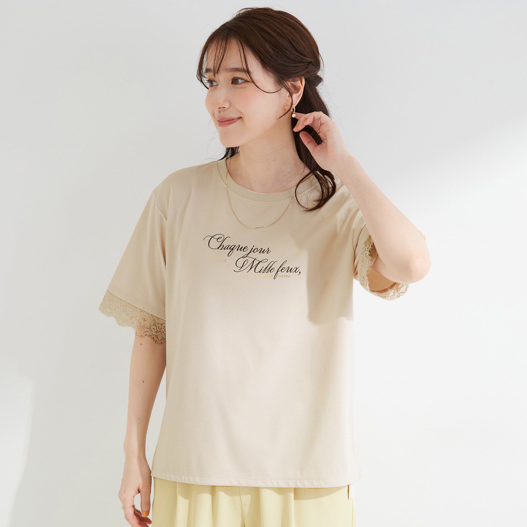 SHOO･LA･RUE「【UV/S-LL/洗濯機可】柄アソート お袖レースが旬顔 上品に決まる大人Tシャツ」|Tシャツ・カットソー|