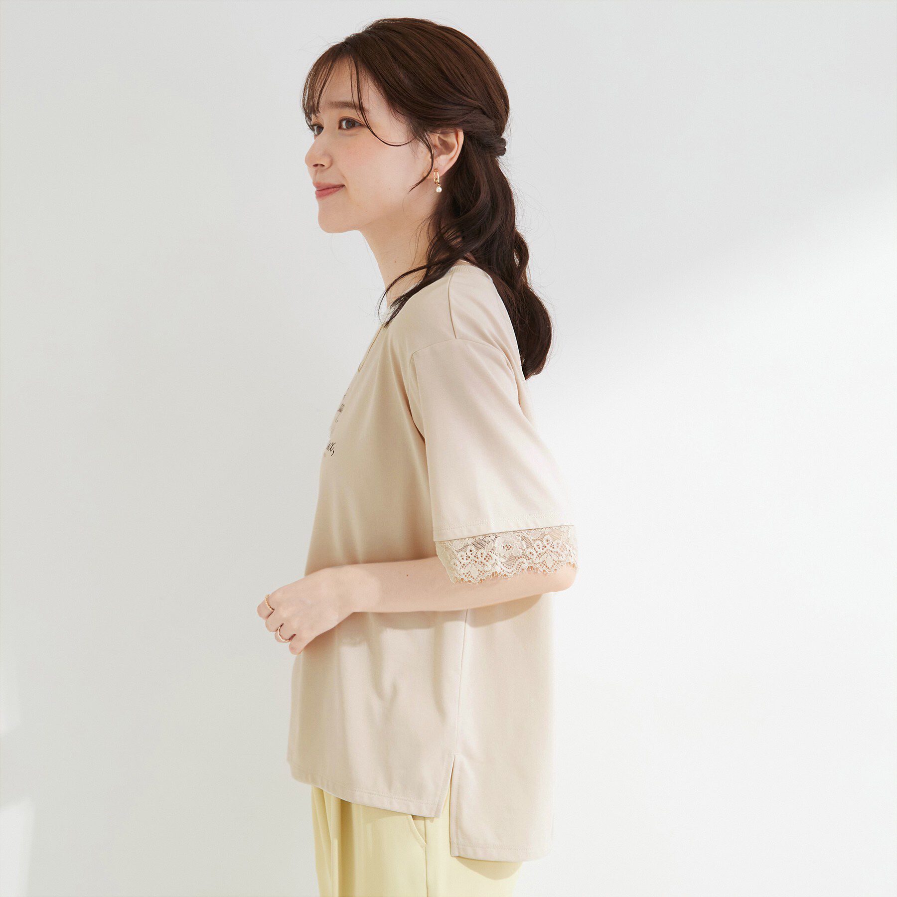SHOO･LA･RUE「【UV/S-LL/洗濯機可】柄アソート お袖レースが旬顔 上品に決まる大人Tシャツ」|Tシャツ・カットソー|