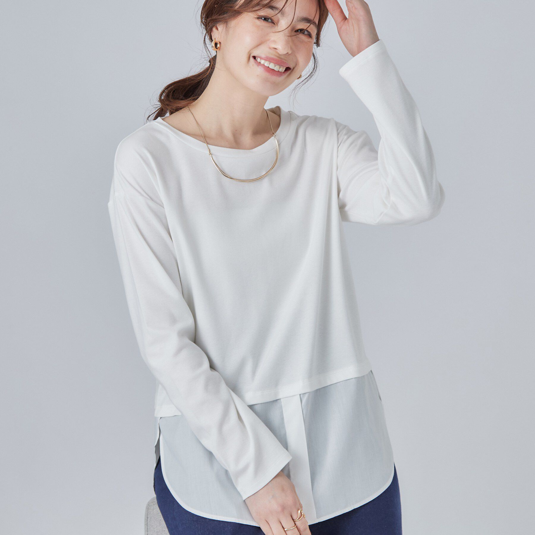 SHOO･LA･RUE「【洗濯機可/S-LL】着こなし広がる レイヤードアソートTシャツ」|Tシャツ・カットソー|ホワイト(001)