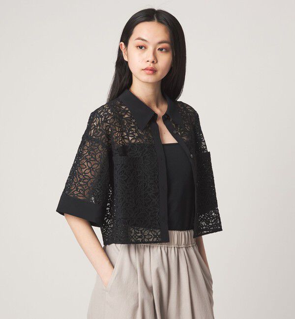EMMEL REFINES「＜EMMEL REFINES＞EM ラッセルレース ショートスリーブ シャツ」|シャツ・ブラウス|BLACK