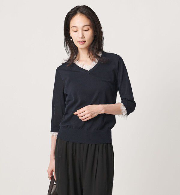 UNITED ARROWS「レースコンビ Vネックニット ‐ウォッシャブル‐」|ニット・セーター|