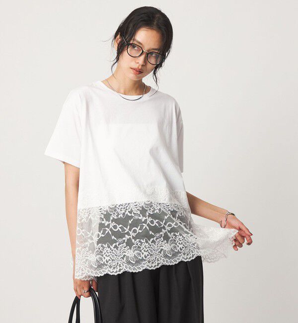 UNITED ARROWS green label relaxing「【WEB限定】＜at ease＞イレヘム レース ドッキング ショートスリーブ カットソー」|Tシャツ・カットソー|WHITE