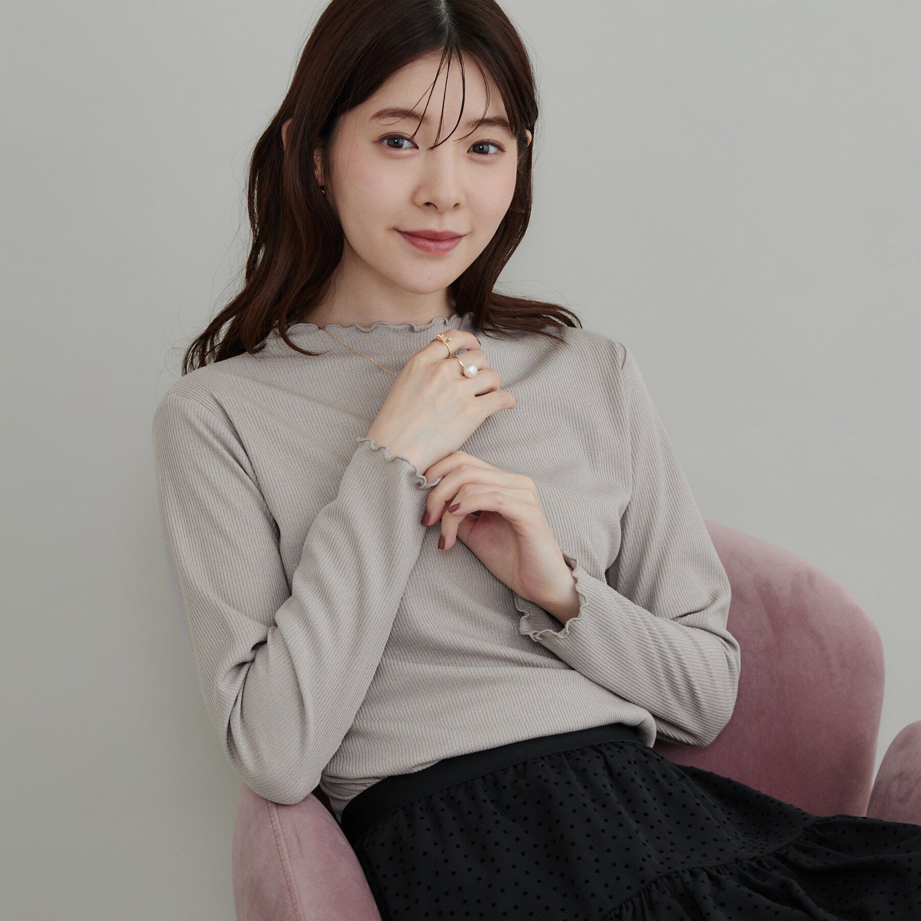 Couture broach「【一枚でも重ねても】メローフリル テレコトップス」|Tシャツ・カットソー|グレー(012)