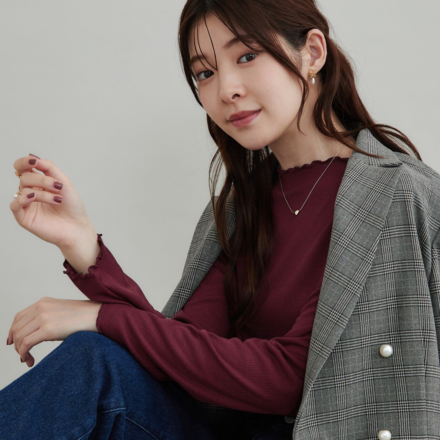 Couture broach「【一枚でも重ねても】メローフリル テレコトップス」|Tシャツ・カットソー|ボルドー(064)