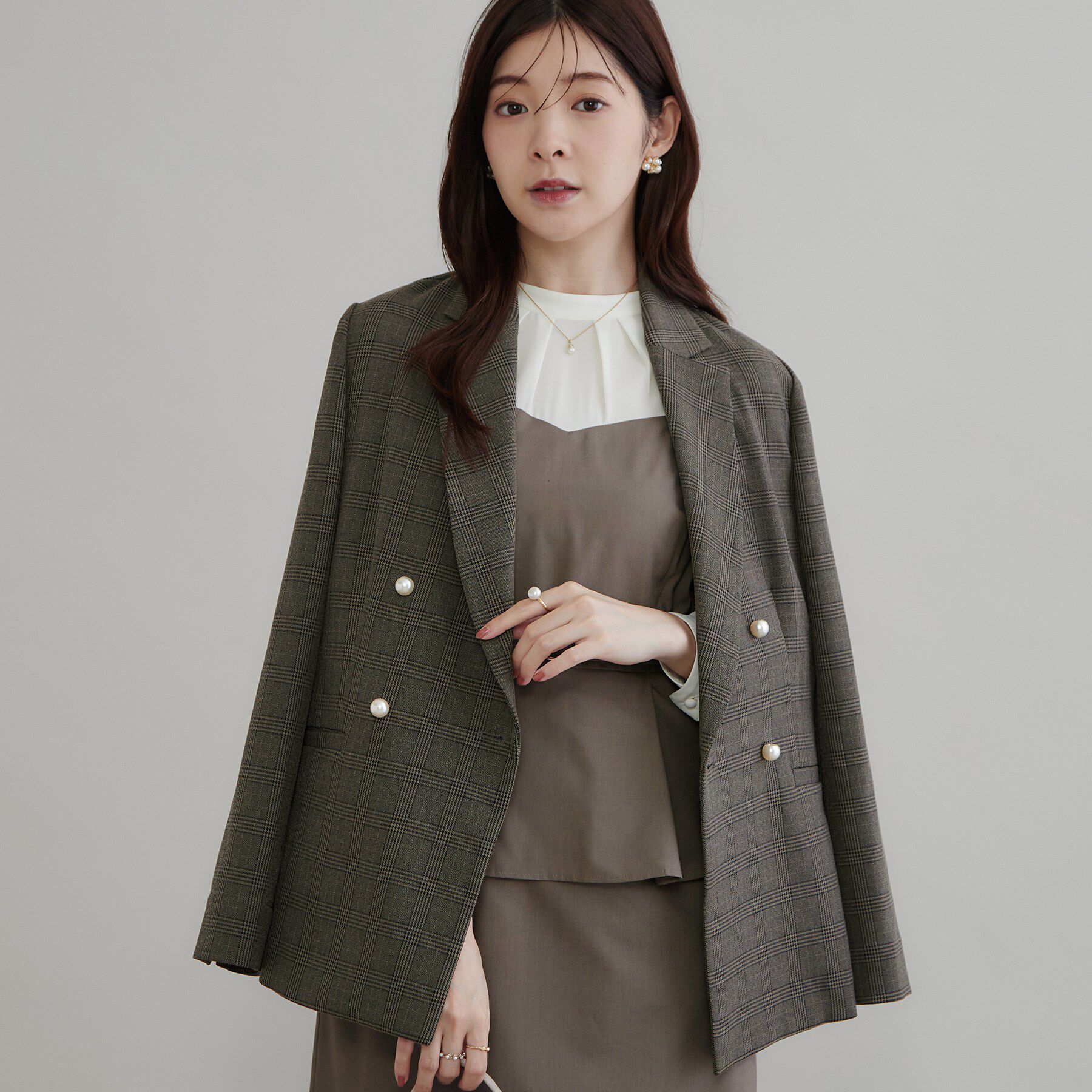 Couture broach「LANATECパール風釦テーラード」|テーラードジャケット|モカブラウン(242