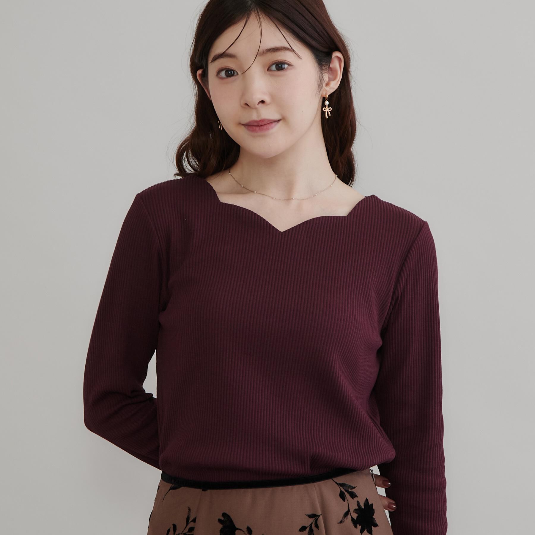 Couture broach「【デコルテ美しく】ハートネック テレコトップス」|Tシャツ・カットソー|ボルドー(064)