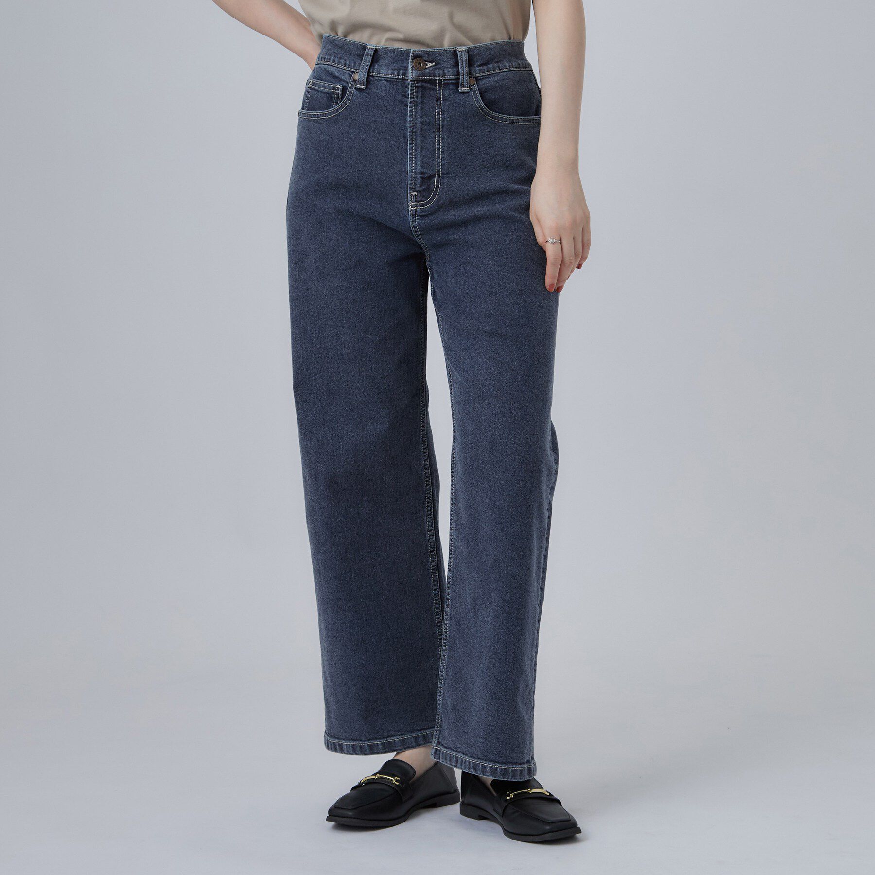 SHOO･LA･RUE「【S-LL/ストレッチ/色落ちしにくいネイビー】脚がまっすぐきれいに見える ワイドストレートデニムパ」|デニム|