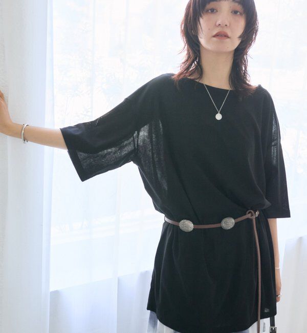  「【A・MONN】【吸水速乾/接触冷感】オープンネックチュニックTee」|Tシャツ・カットソー|ブラック