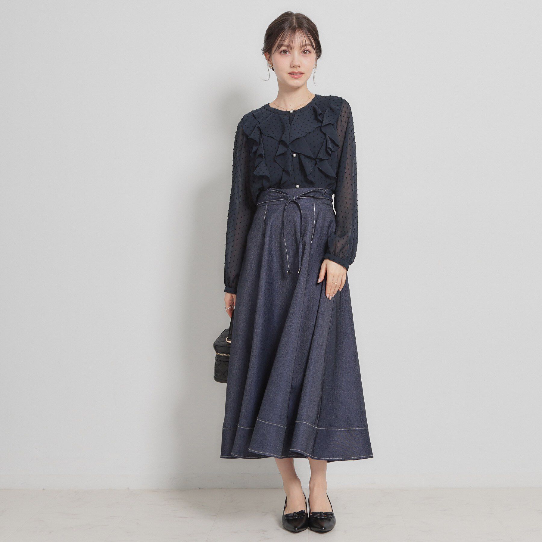 Couture broach「【洗える】デニムライク細リボンスカート」|スカート|