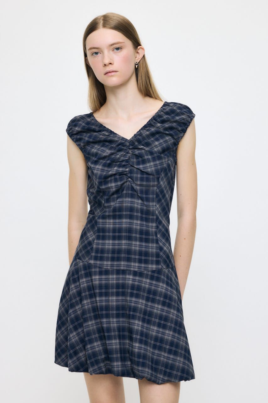 MOUSSY「CHECK BALLOON MINI ドレス」|ワンピース|NVY