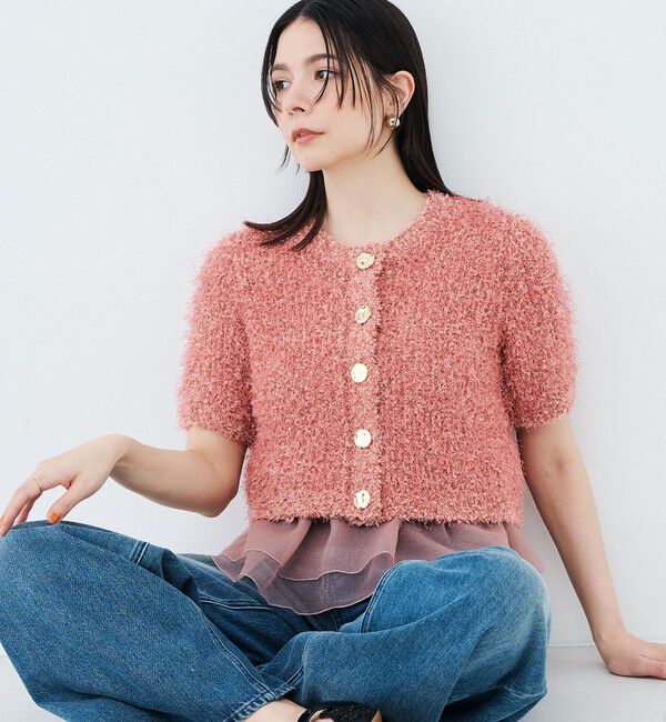 NOLLEY'S sophi「裾フリルキャミ付きファンシーヤーン5分袖カーディガン」|ニット・セーター|サーモンピンク