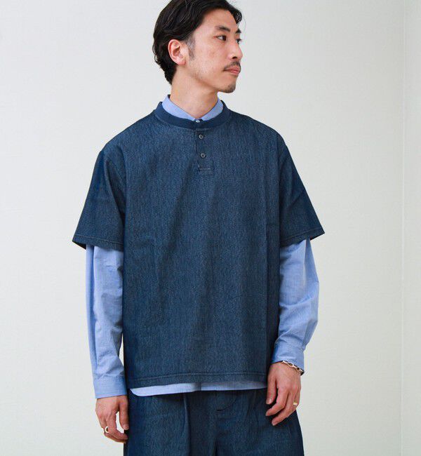 GLOSTER「【セットアップ対応】メッシュデニムヘンリーTEE」|Tシャツ・カットソー|インディゴブルー