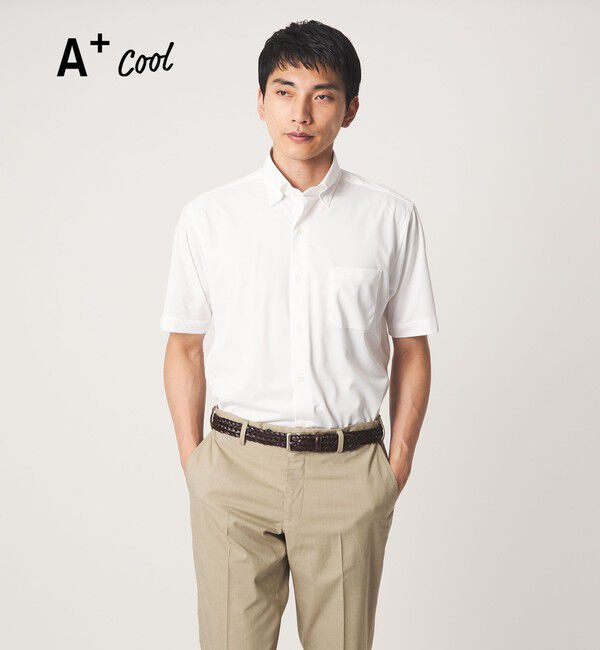 UNITED ARROWS green label relaxing「A+ COOL Pトリコット シャドーストライプ スタンダード ボタンダウン 半袖 ドレスシャツ -ストレッチ・イー」|シャツ・ブラウス|WHITE