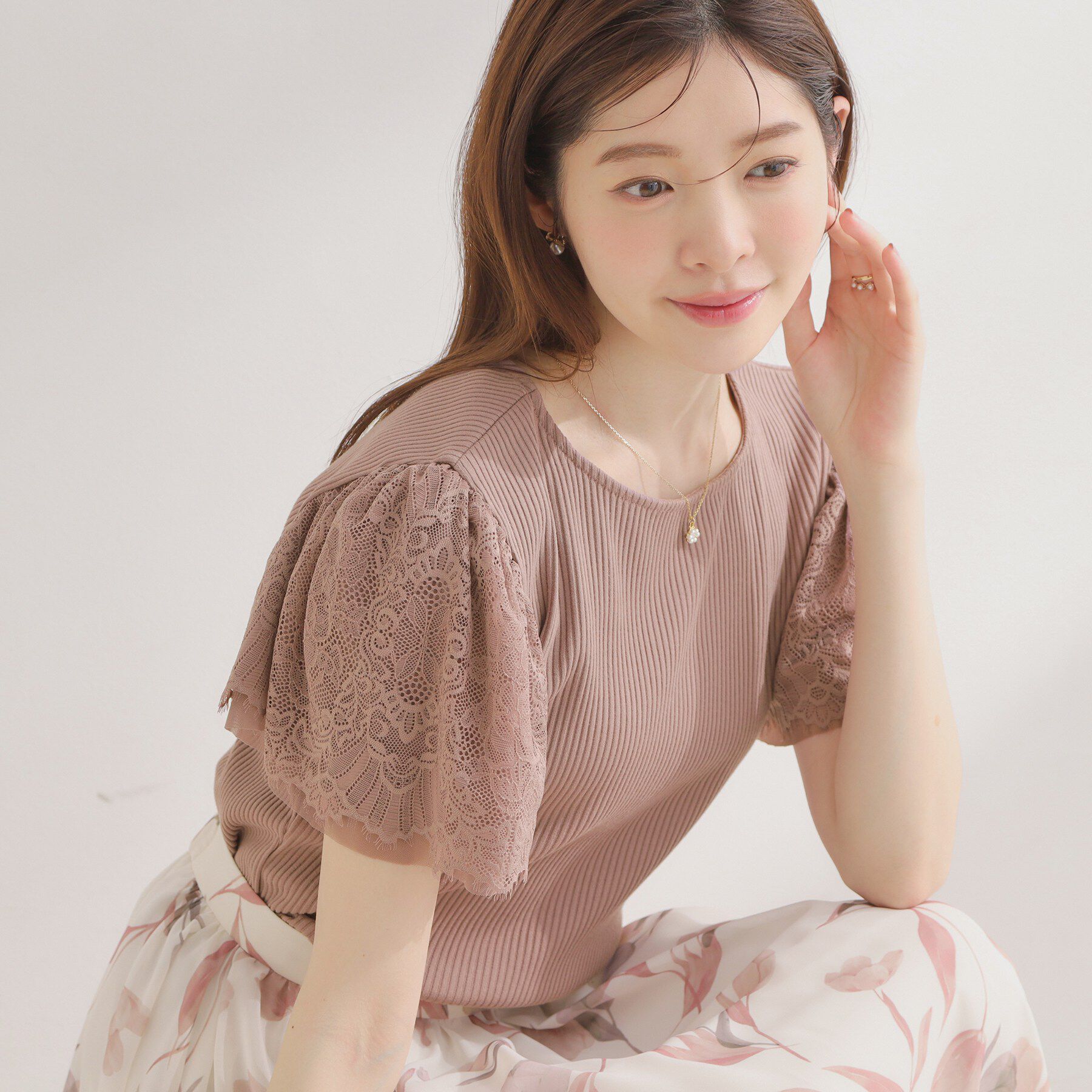 Couture broach「【洗える】袖レース テレコトップス」|Tシャツ・カットソー|ピンク(071)