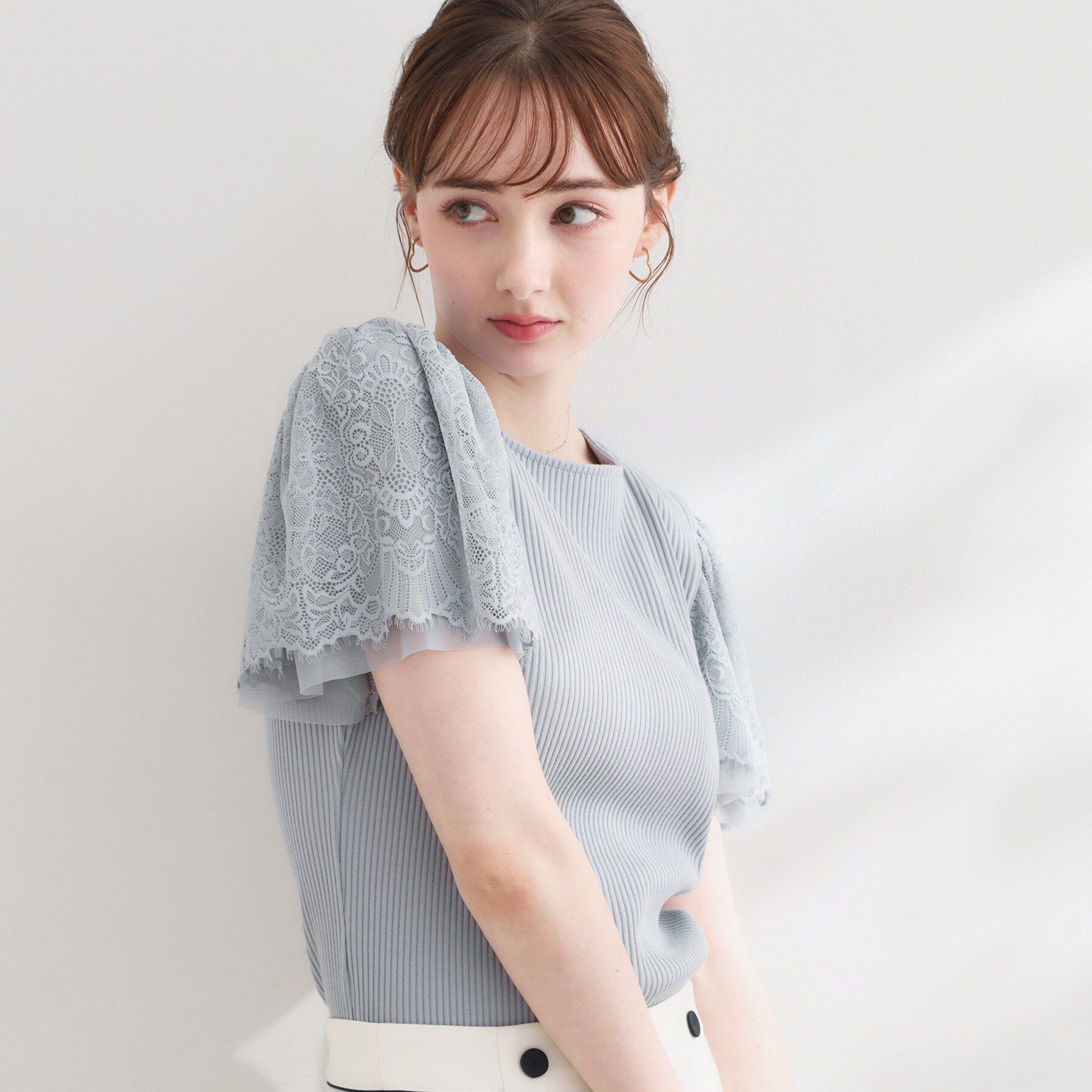 Couture broach「【洗える】袖レース テレコトップス」|Tシャツ・カットソー|サックスブルー(09