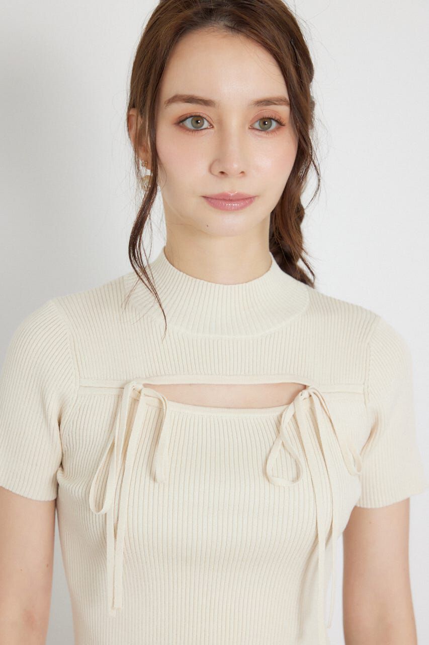 rienda「ウォッシャブルリボンハーフスリーブニットトップス」|ニット・セーター|