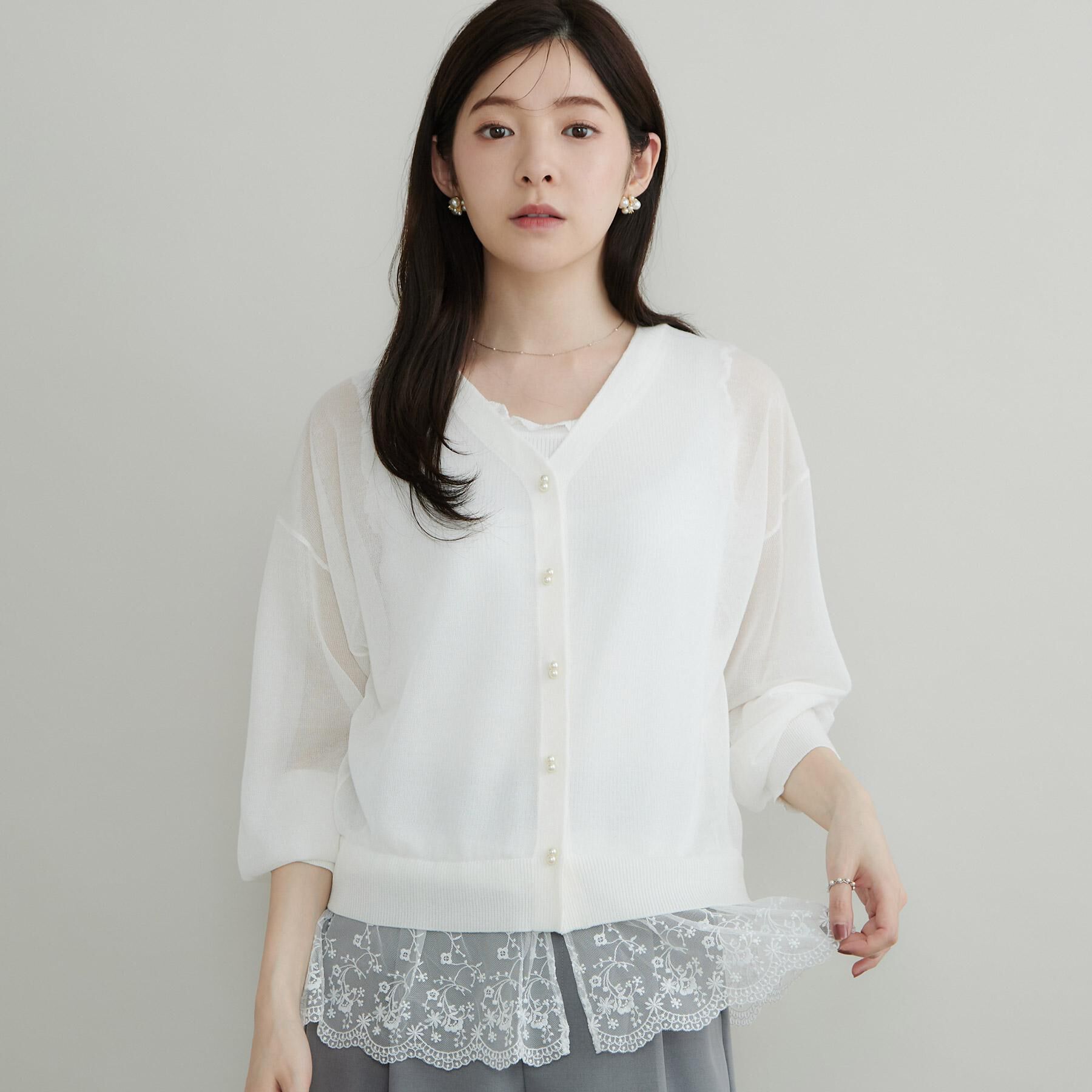 Couture broach「【羽織るだけで華やぐ】レースペプラム付 愛されシアーカーディガン」|カーディガン|