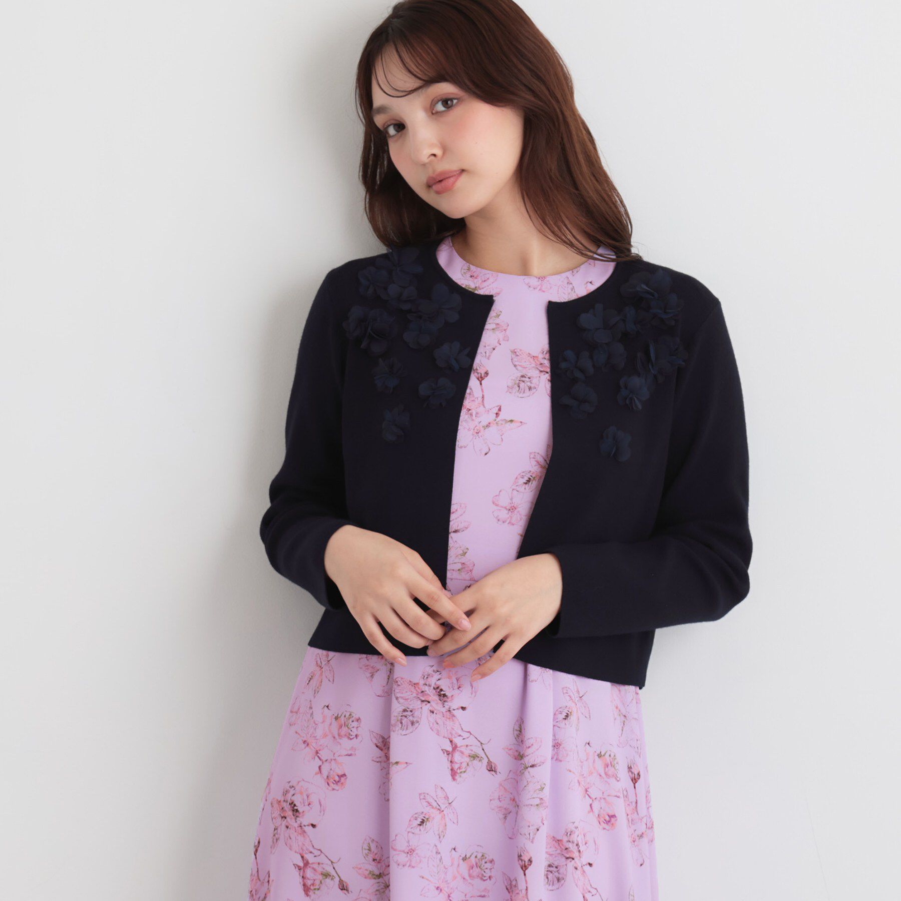 SunaUna「【手洗い可】花モチーフ付カーディガン」|カーディガン|ネイビー(094)