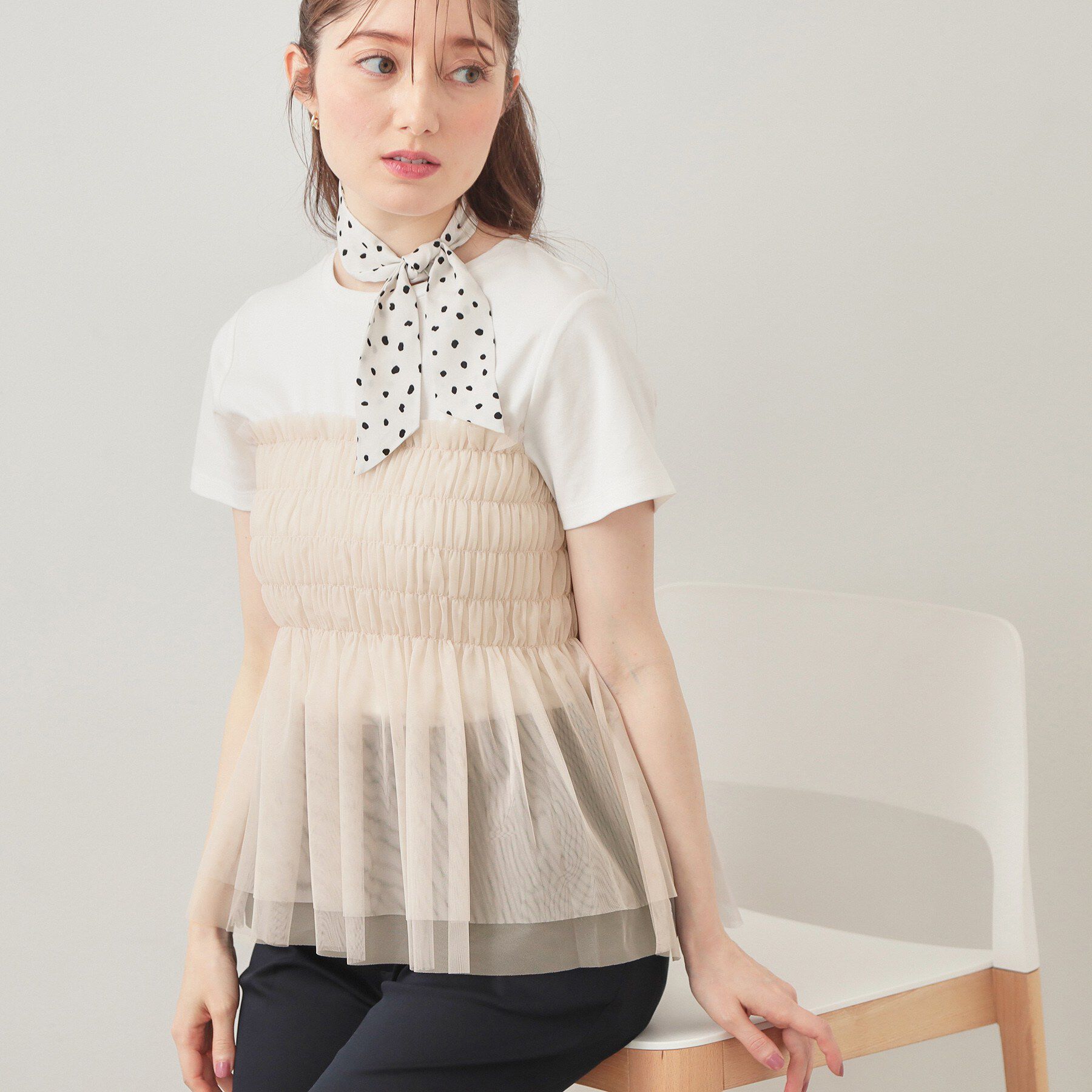 index「チュールペプラムトップス【洗濯機OK／接触冷感／UVケア】」|Tシャツ・カットソー|グレージュ(550)