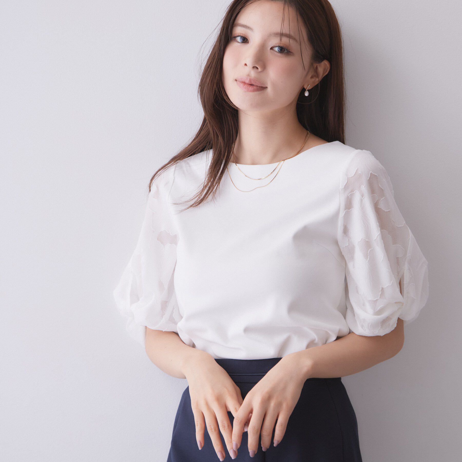 index「花柄ジャカード５分袖トップス《接触冷感／UVケア／洗濯機OK》」|Tシャツ・カットソー|オフホワイト(003