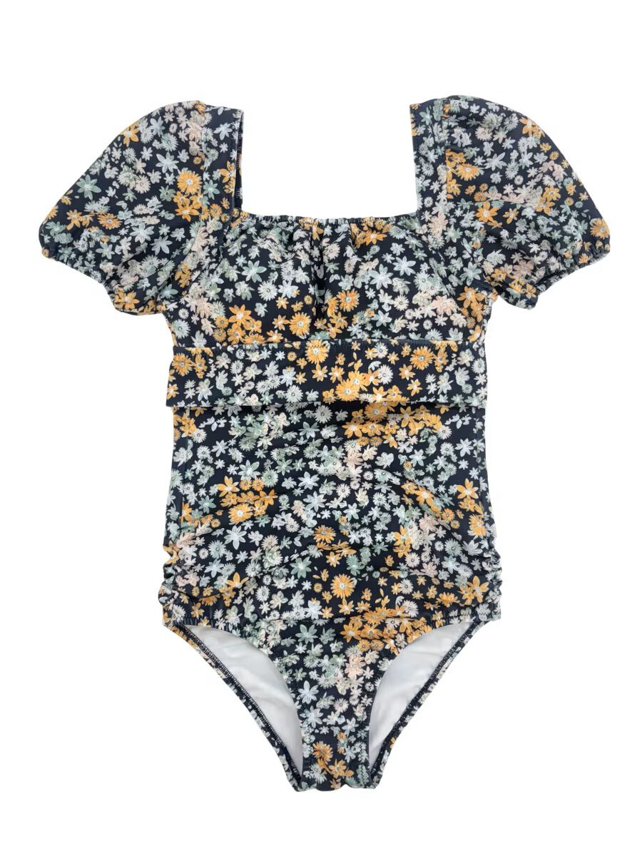 PEAK&PINE「レトロ小花柄バックリボンパフスリーブワンピ見えビキニ」|ショーツ|ネイビー