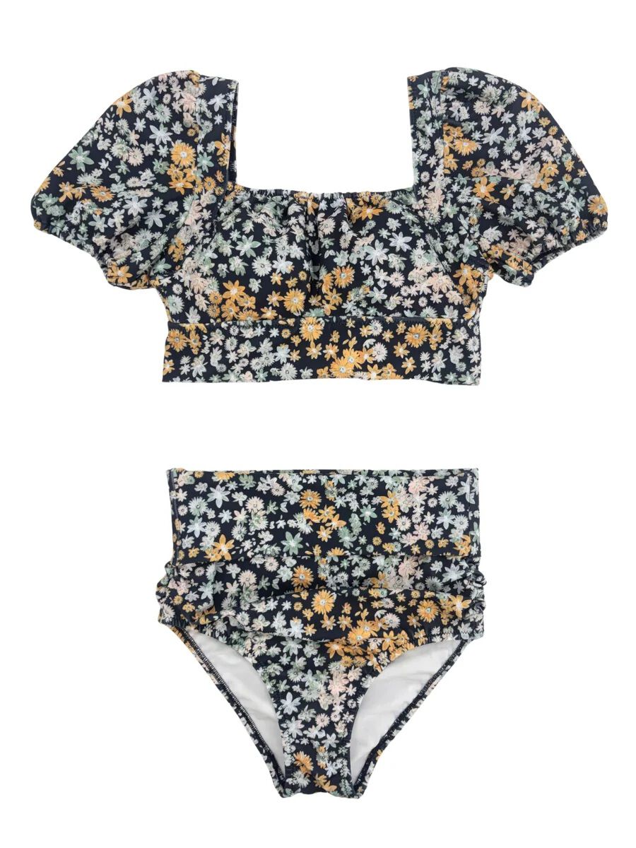 PEAK&PINE「レトロ小花柄バックリボンパフスリーブワンピ見えビキニ」|ショーツ|